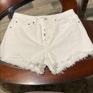 Denim Forum White Jean Shorts Distressed Frayed Hem